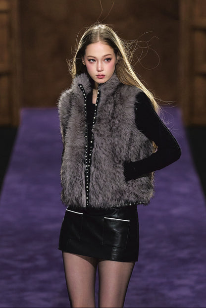 Beaded Faux Fur Layered Vest