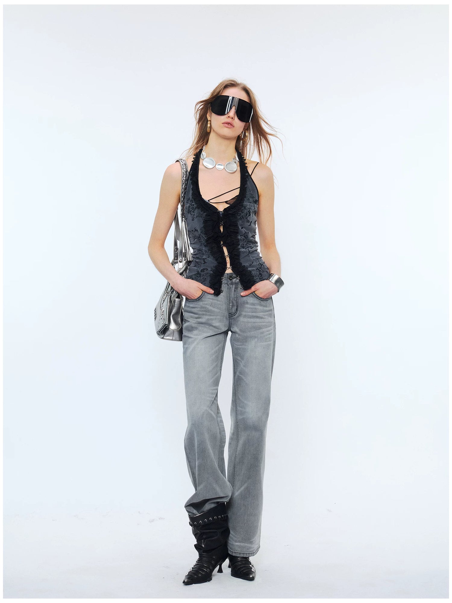 Lace Ruffle Floral Halterneck Camisole