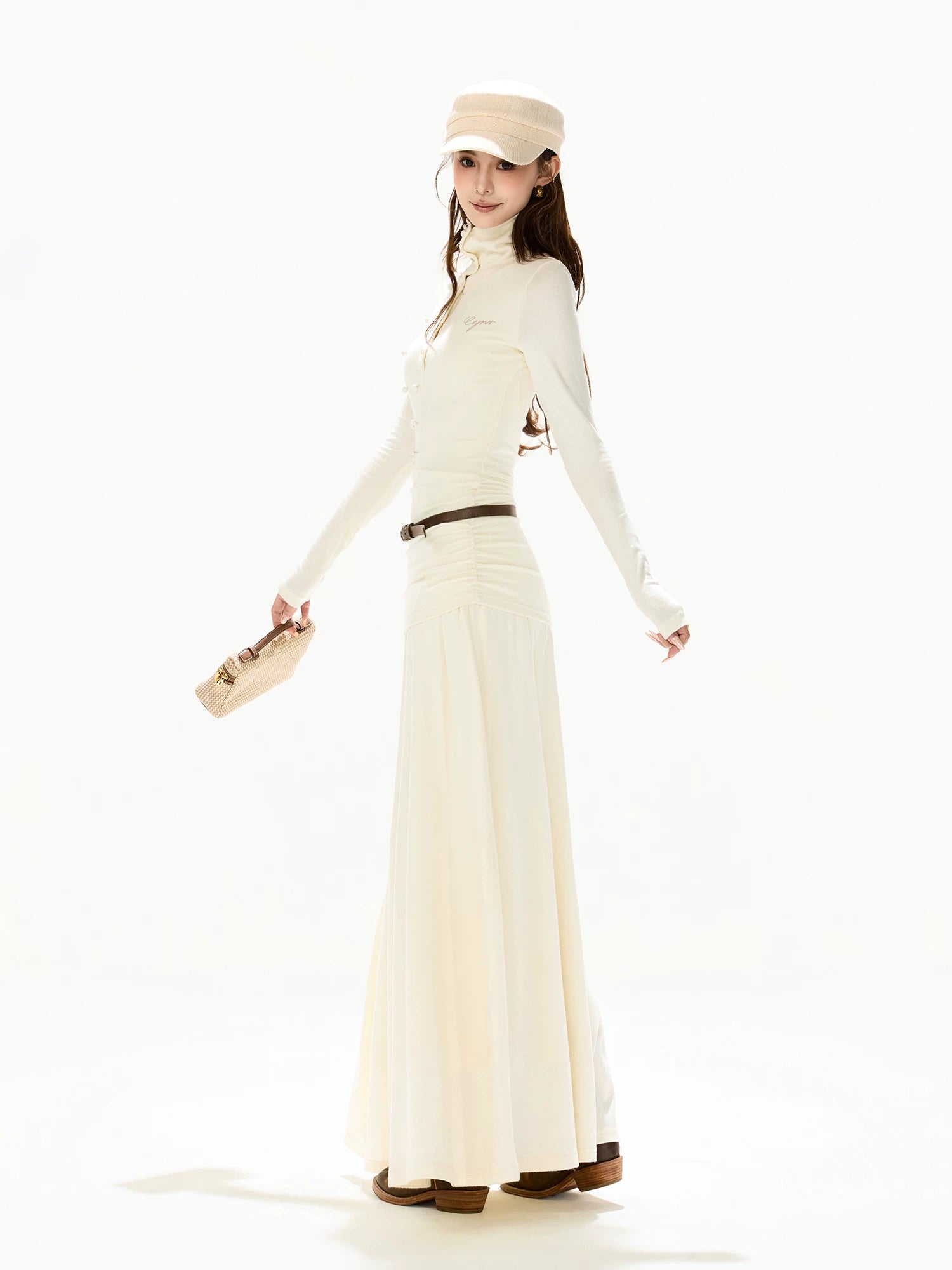 Elegant High-Neck Wool Knit Maxi Dress