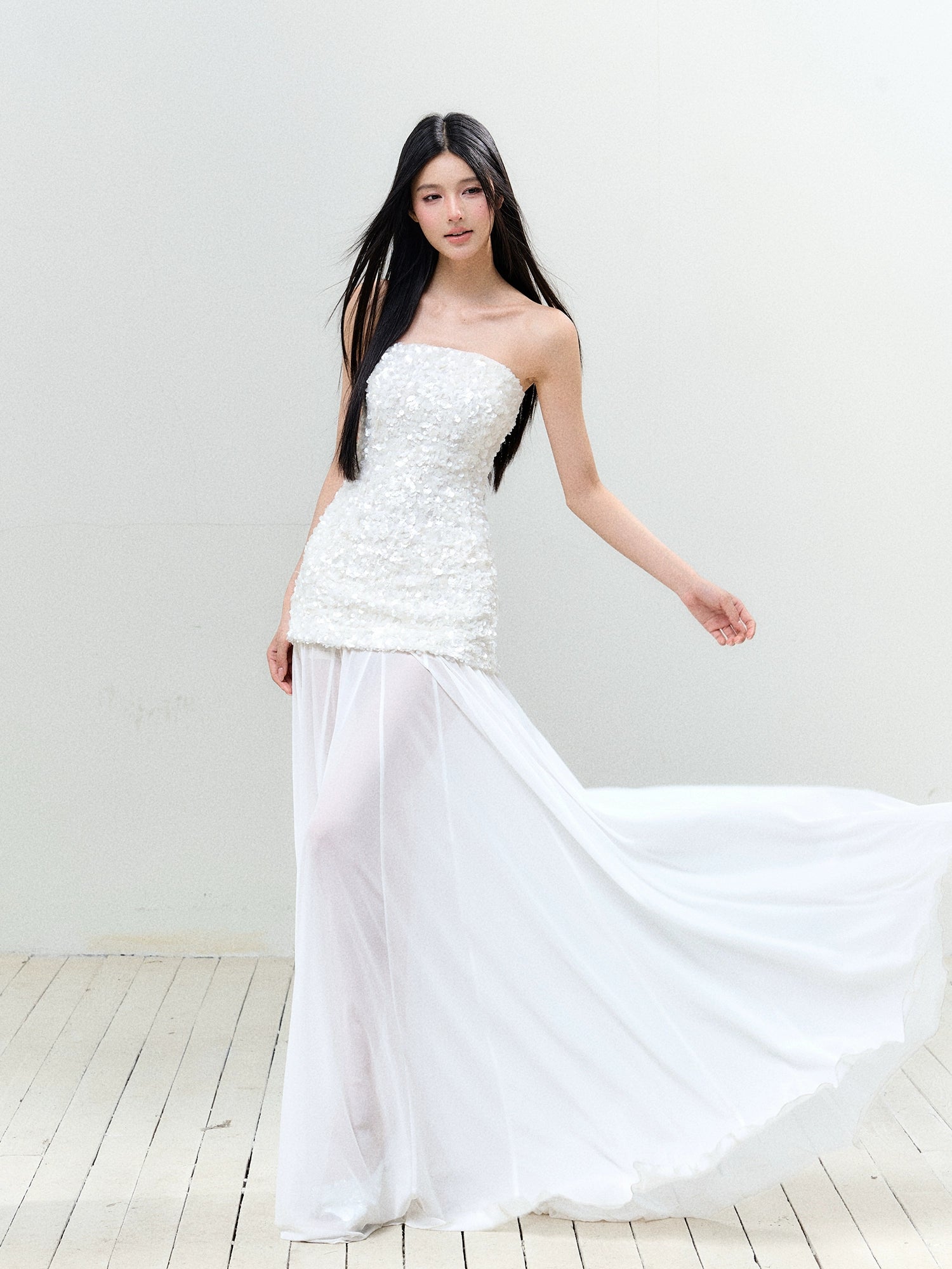 Sequin Mesh Strapless Dress