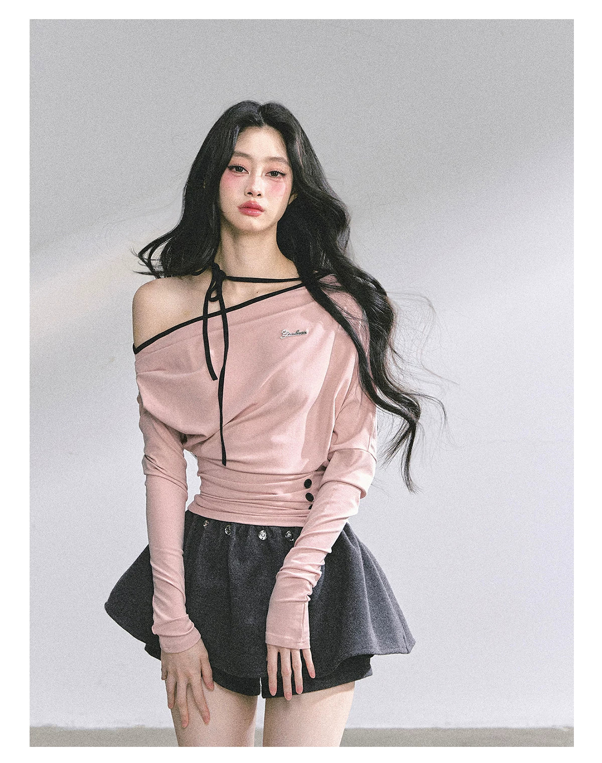 Off-Shoulder Halter Long-Sleeve T-Shirt