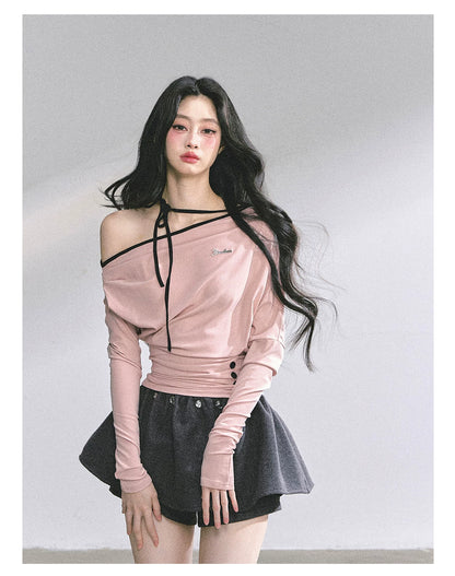 Off-Shoulder Halter Long-Sleeve T-Shirt