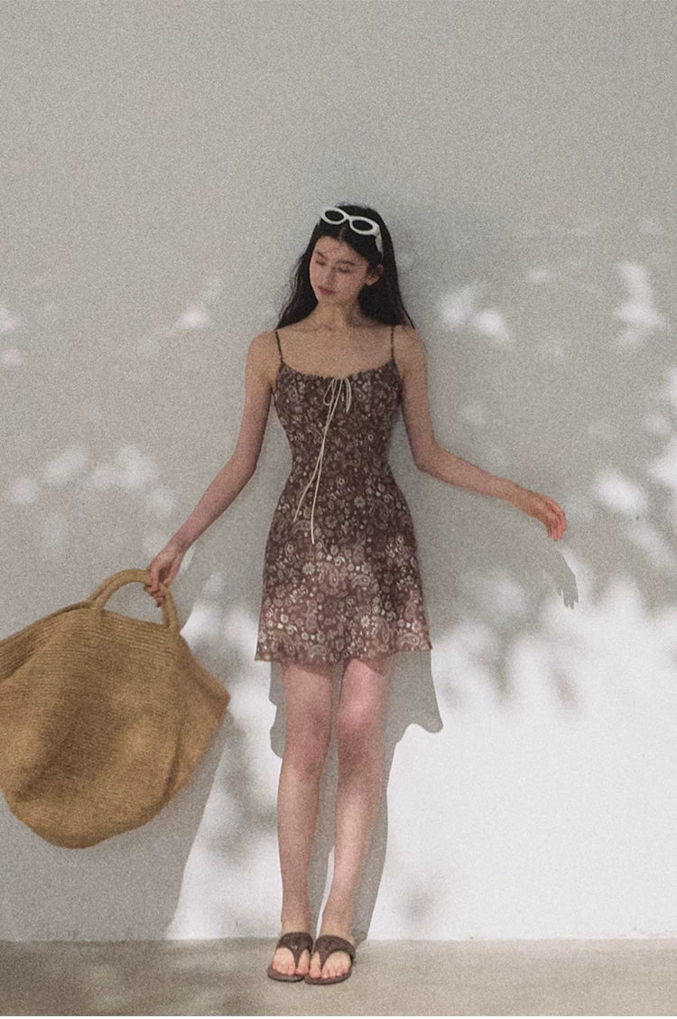 Bohemian Floral Print Waist-Cinched Sleeveless Slip Dress