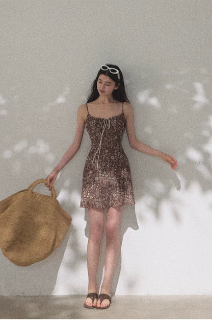 Bohemian Floral Print Waist-Cinched Sleeveless Slip Dress