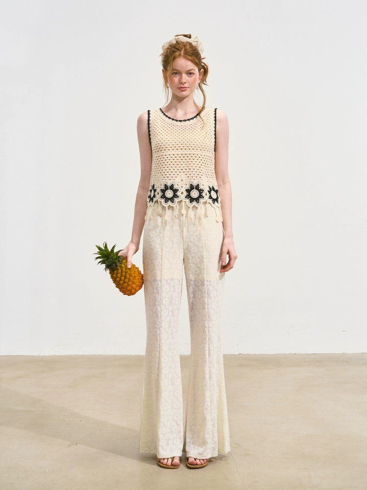 Sleeveless Fringe Flower Crochet Vest