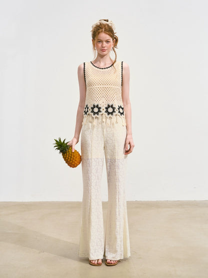 Sleeveless Fringe Flower Crochet Vest