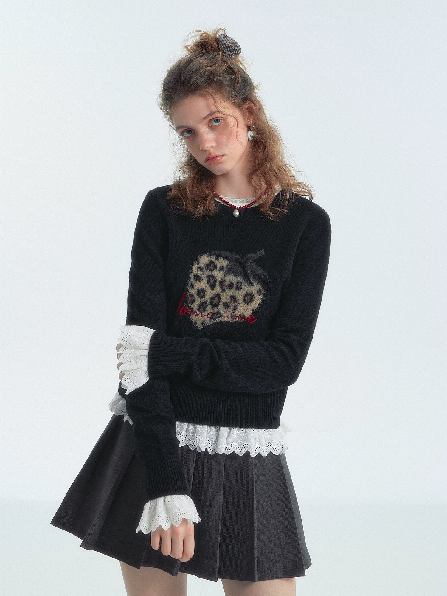 Leopard Strawberry Crewneck Long-Sleeve Sweater