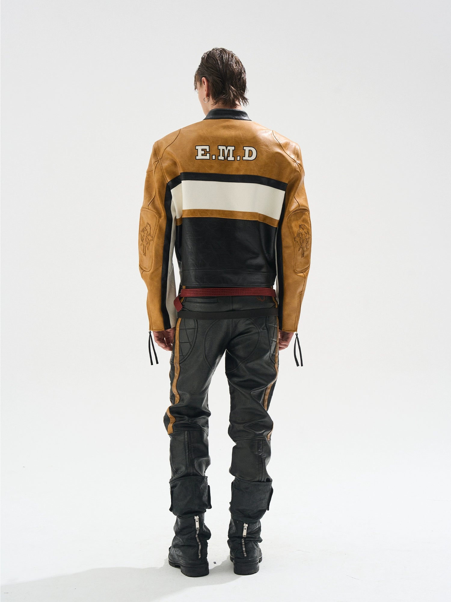 Color-Blocked Cropped Leather Sports Jacket