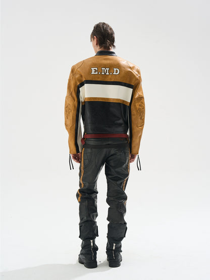Color-Blocked Cropped Leather Sports Jacket
