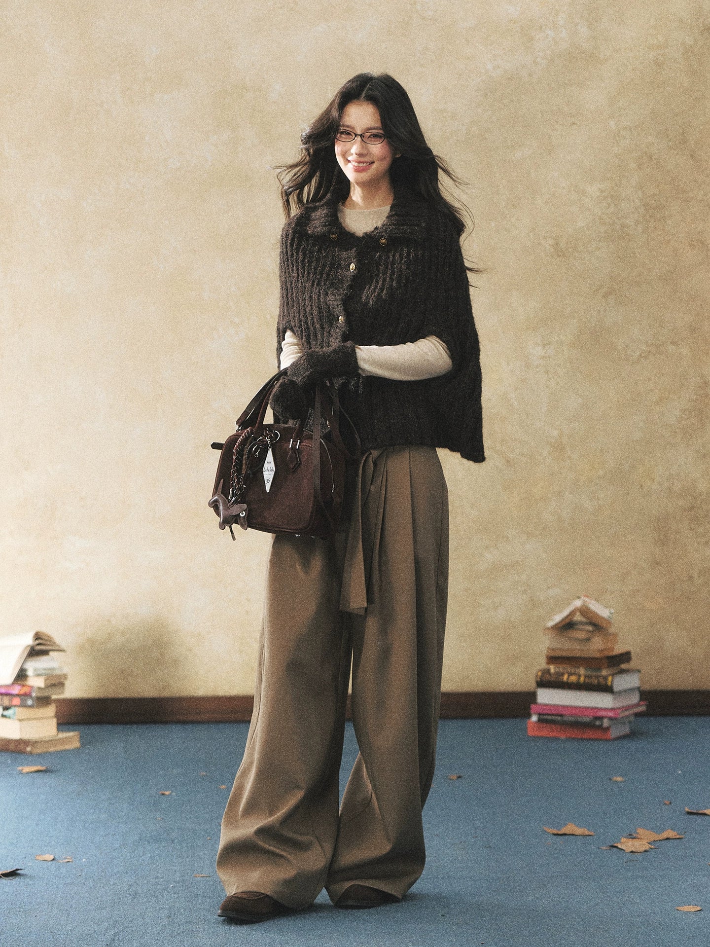 Khaki Fluid Wide-Leg Pleated Trousers