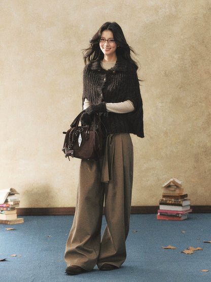 Khaki Fluid Wide-Leg Pleated Trousers