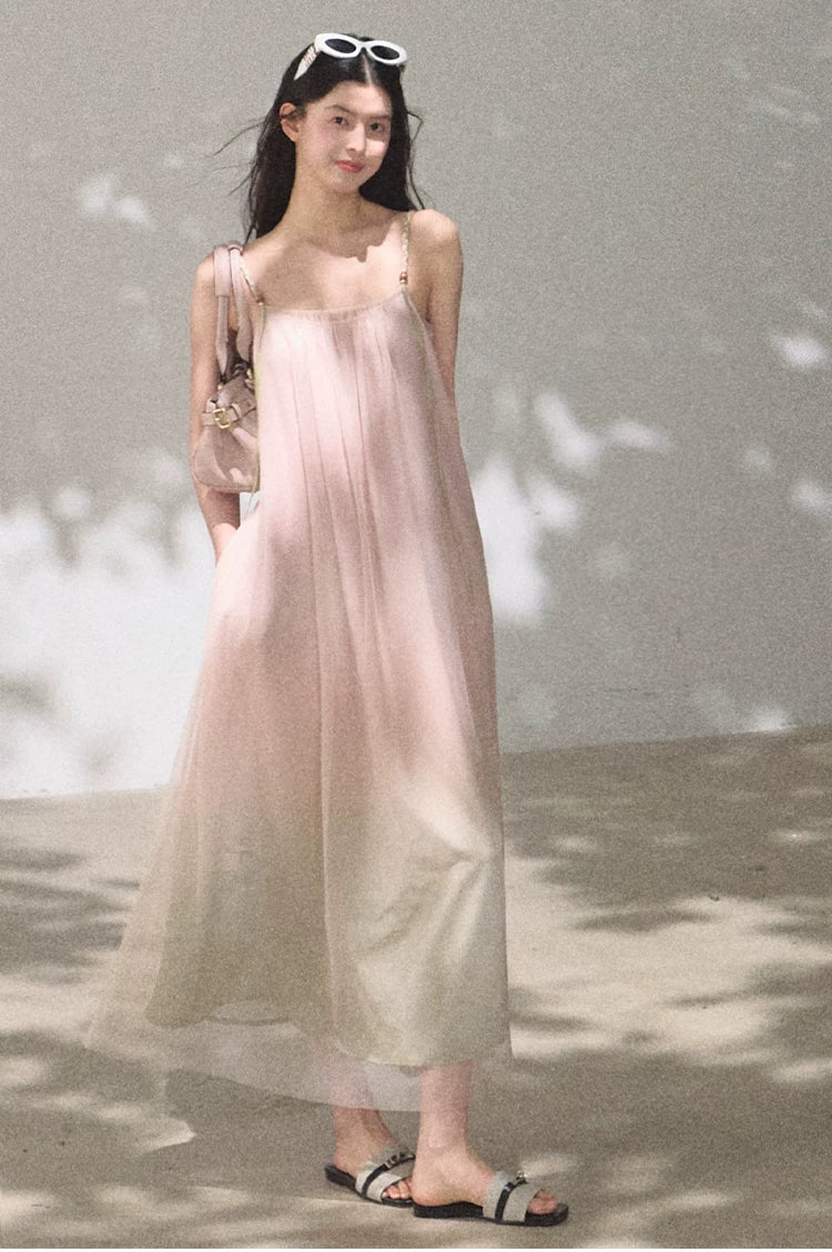Pink Sand Layered Tulle Camisole Maxi Dress