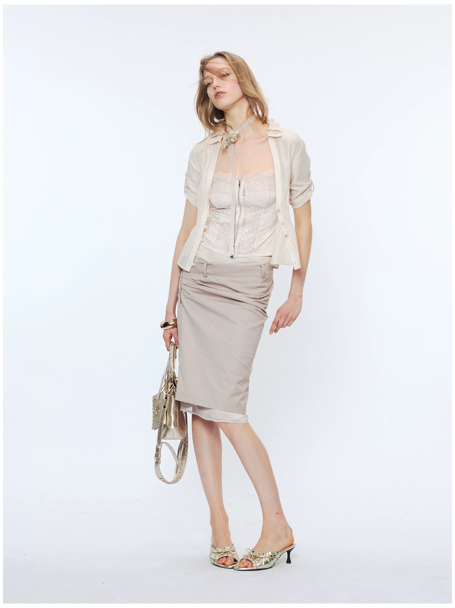 Contrast Lace Panel Two-Piece Shirt