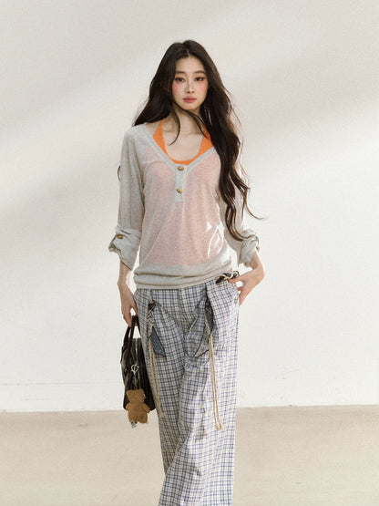 Relaxed Plaid Cotton Wide-Leg Trousers