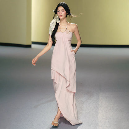 Blush Layered Halter Draped Maxi Dress