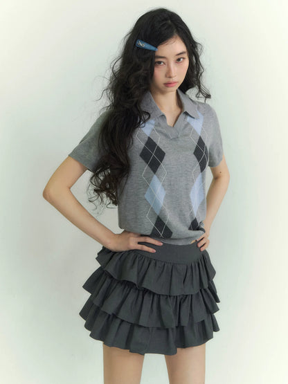 Diamond Panel Colorblock Polo Knit Top