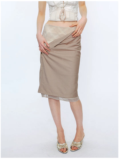 Deconstructed Check Patchwork Straight Midi Skirt