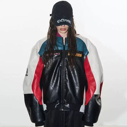 Color-Block Embroidered Moto Padded Jacket