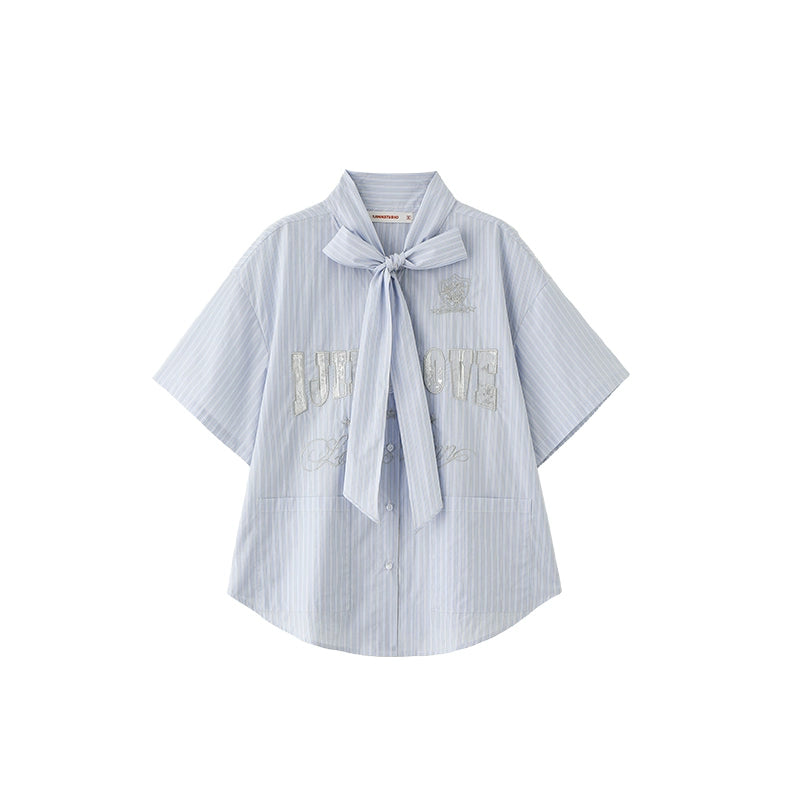 Blue &amp; White Bow-tie Embellished Shirt