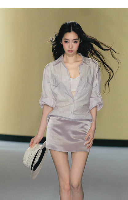 Silk-Blend Striped Shirt &amp; Skirt Set