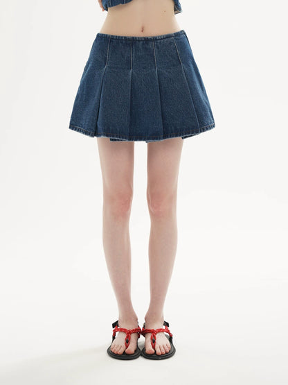 Dark Blue &amp; Light Blue Denim Pleated Skirt - CHINASQUAD