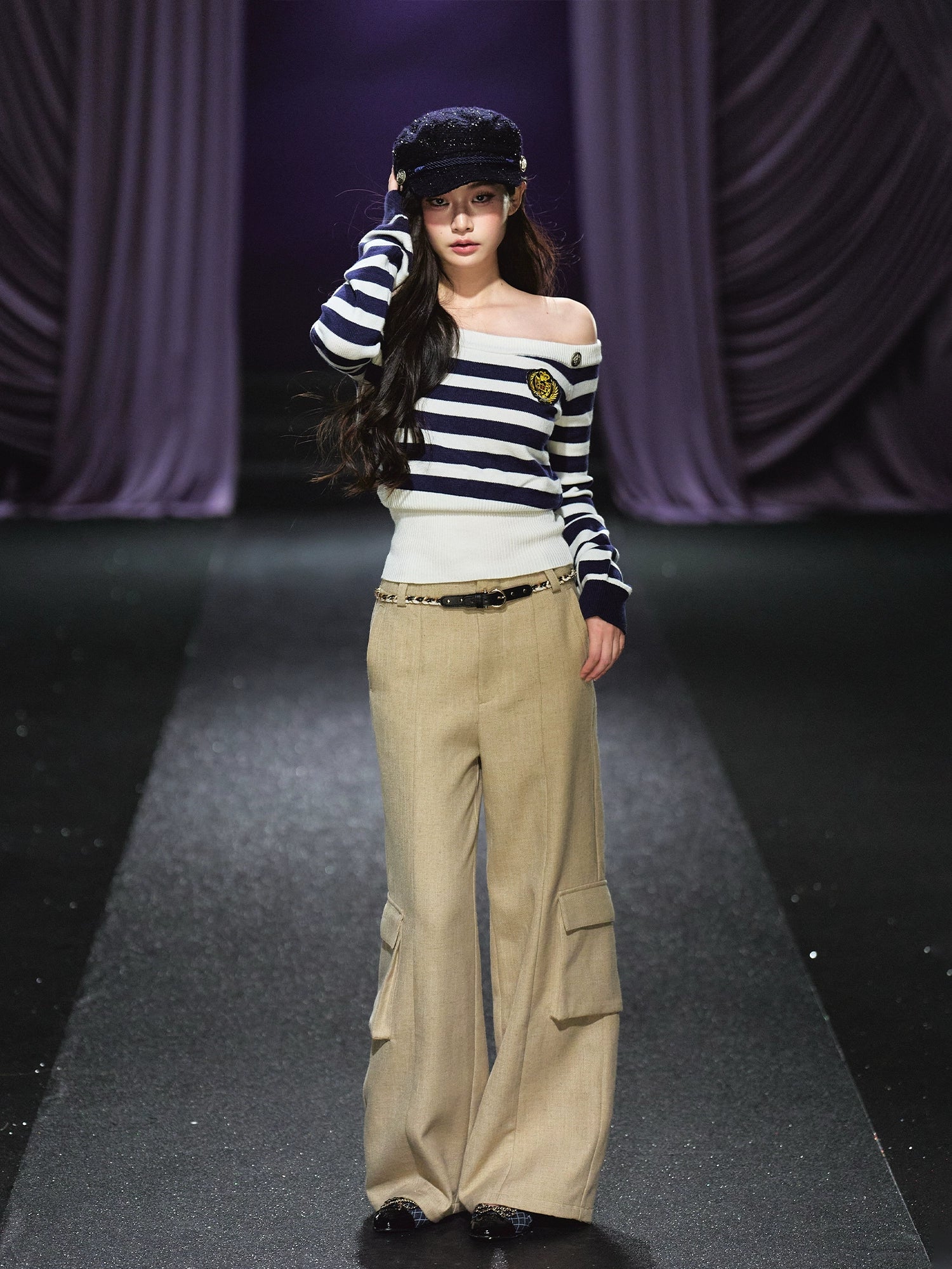 Tweed Braided Belt High-Waist Wide-Leg Pants