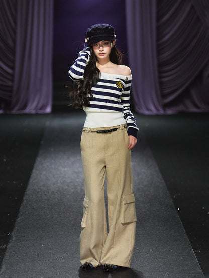 Tweed Braided Belt High-Waist Wide-Leg Pants