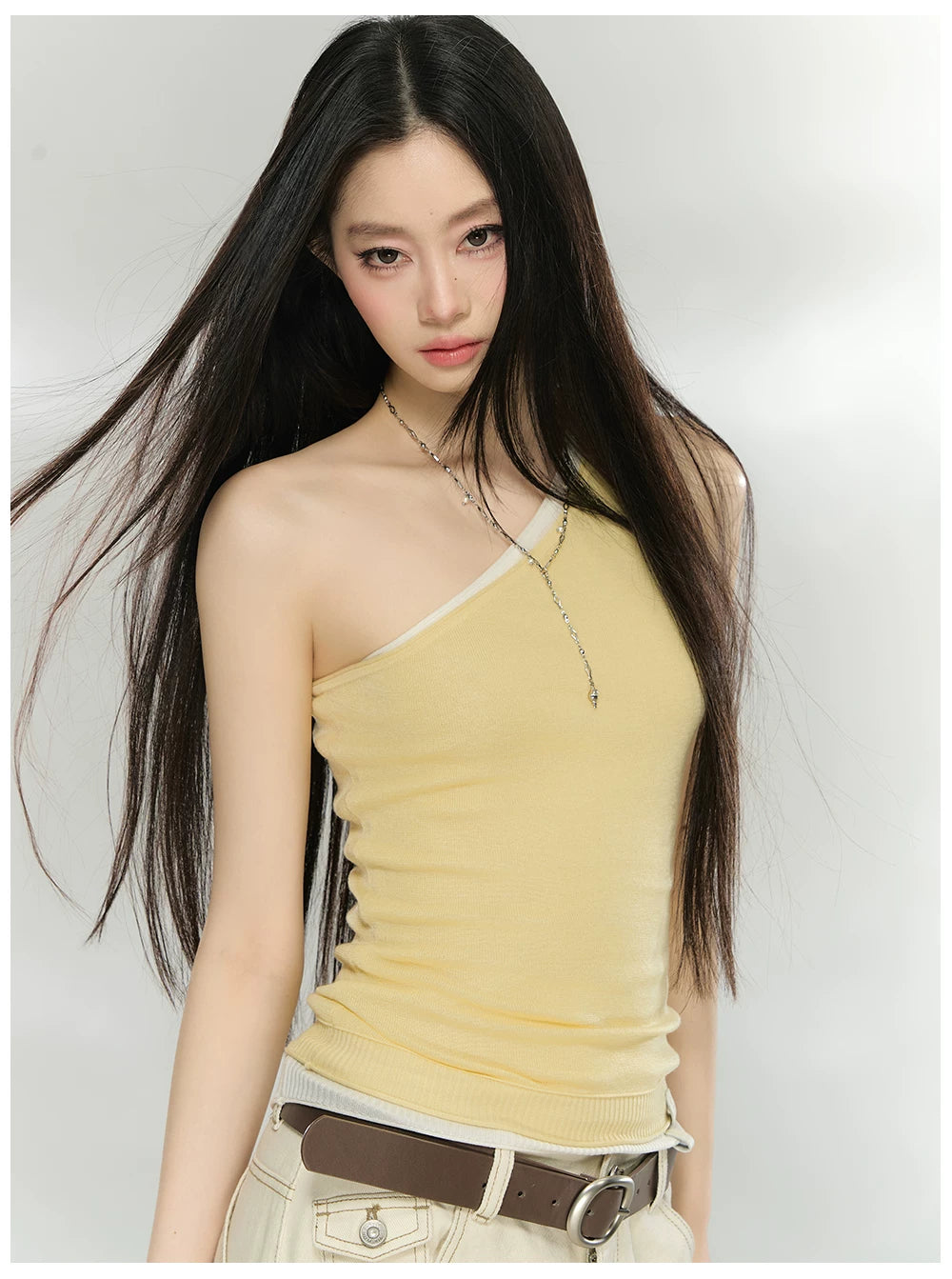 Asymmetric One-Shoulder Lyocell Blend Knit Tank Top