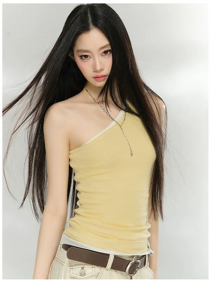 Asymmetric One-Shoulder Lyocell Blend Knit Tank Top