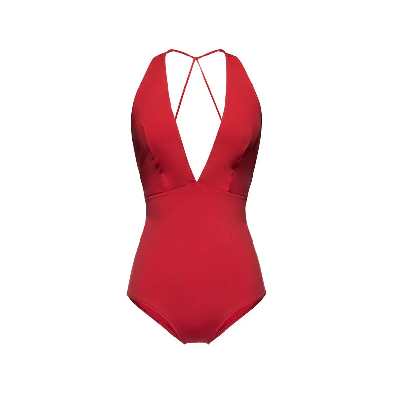 Blue &amp; Red Deep V-neck One-Piece Swimsuit