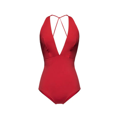 Blue &amp; Red Deep V-neck One-Piece Swimsuit