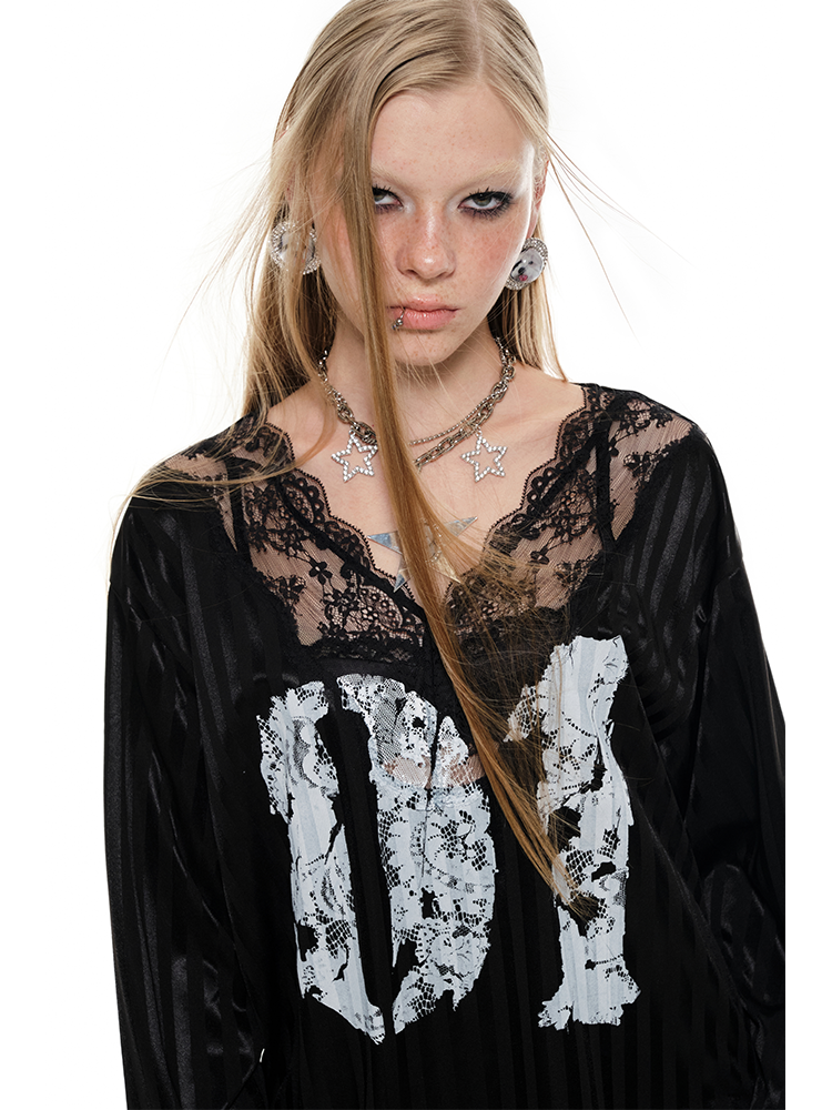 Black &amp; White Lace-trimmed V-neck Satin Jersey