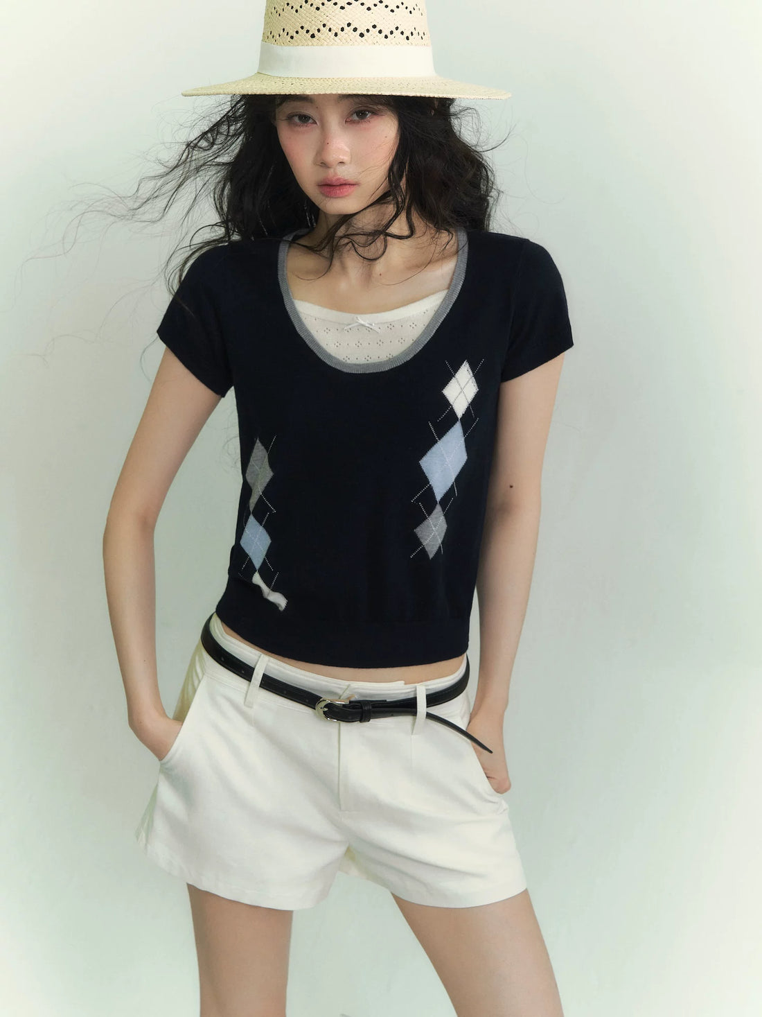 Argyle Color-Block Layered Short Sleeve Top
