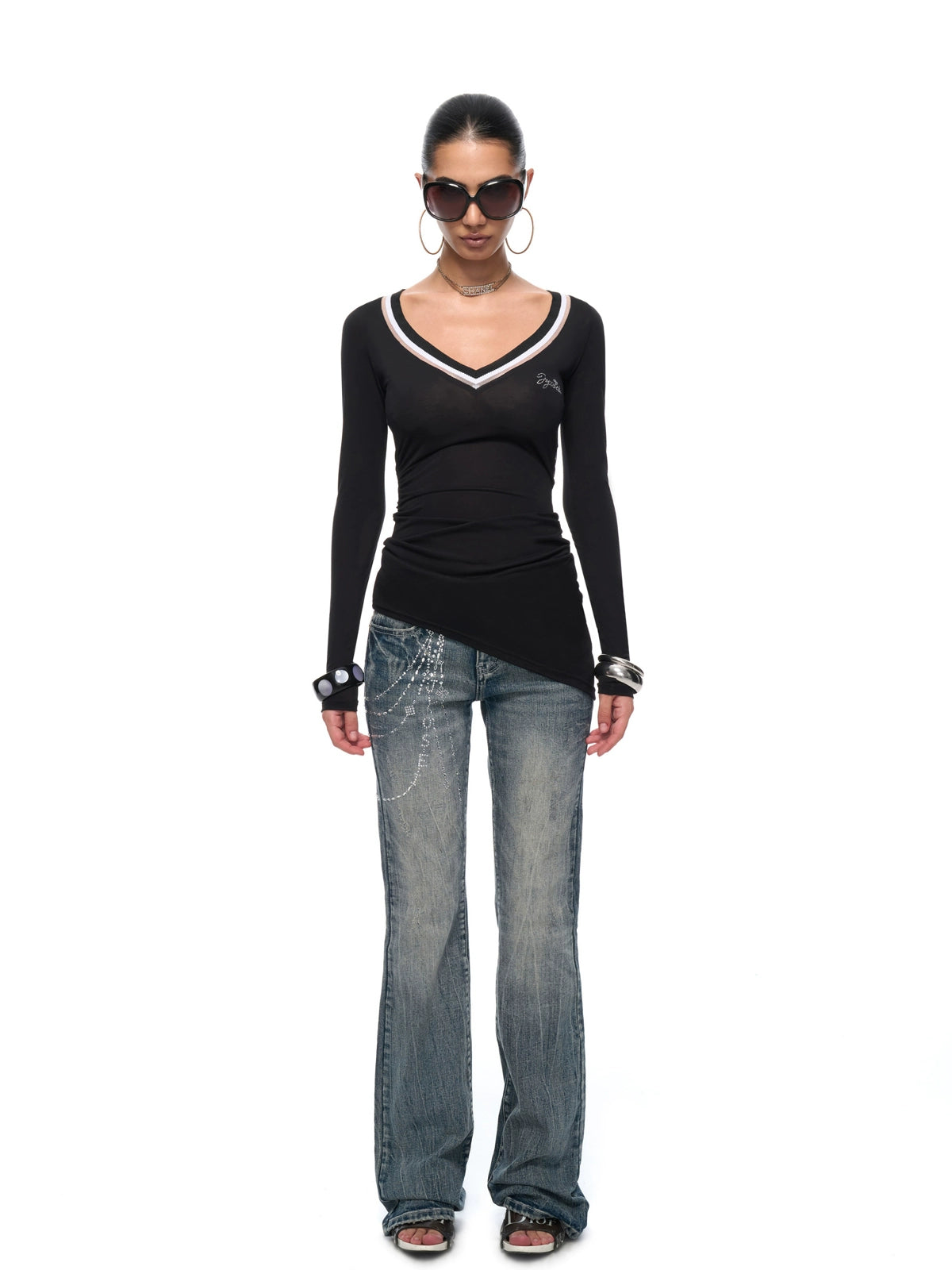 Ruched V-Neck Semi-Sheer Knit Blouse