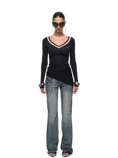 Ruched V-Neck Semi-Sheer Knit Blouse