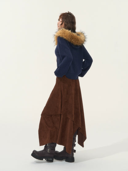 Detachable Fur-Collar Fleece Hooded Cardigan