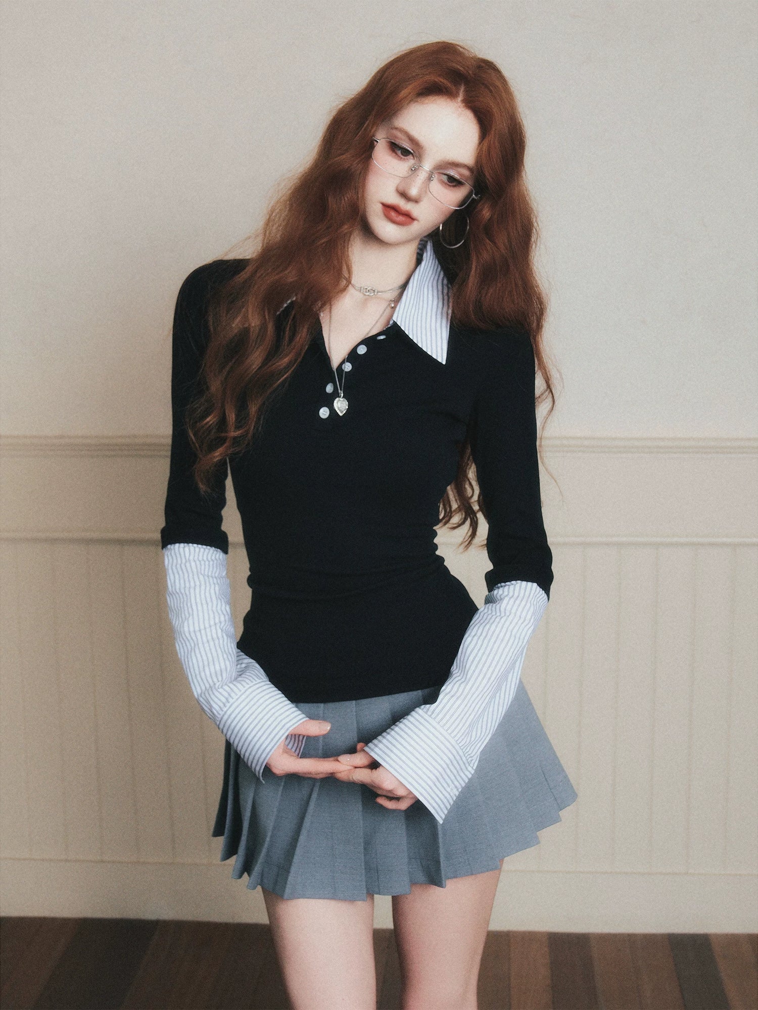 Layered-Style Collar Knit Polo