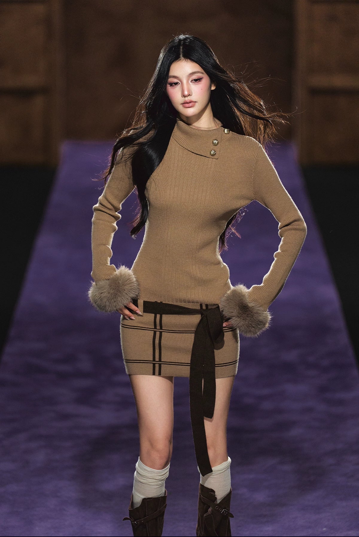 Faux Fur Cuff High-Neck Knit Dress