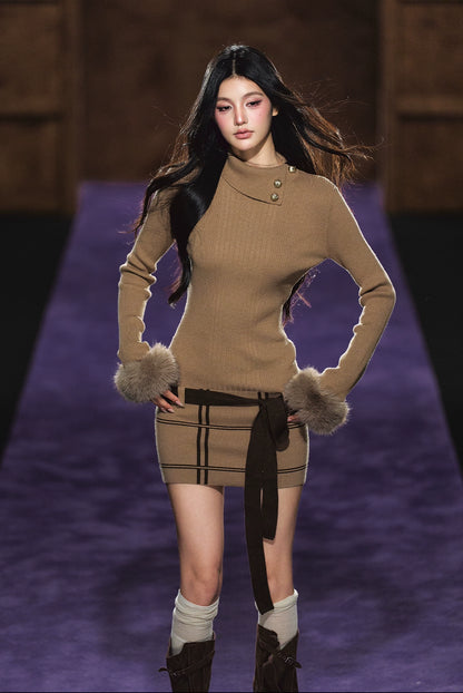 Faux Fur Cuff High-Neck Knit Dress