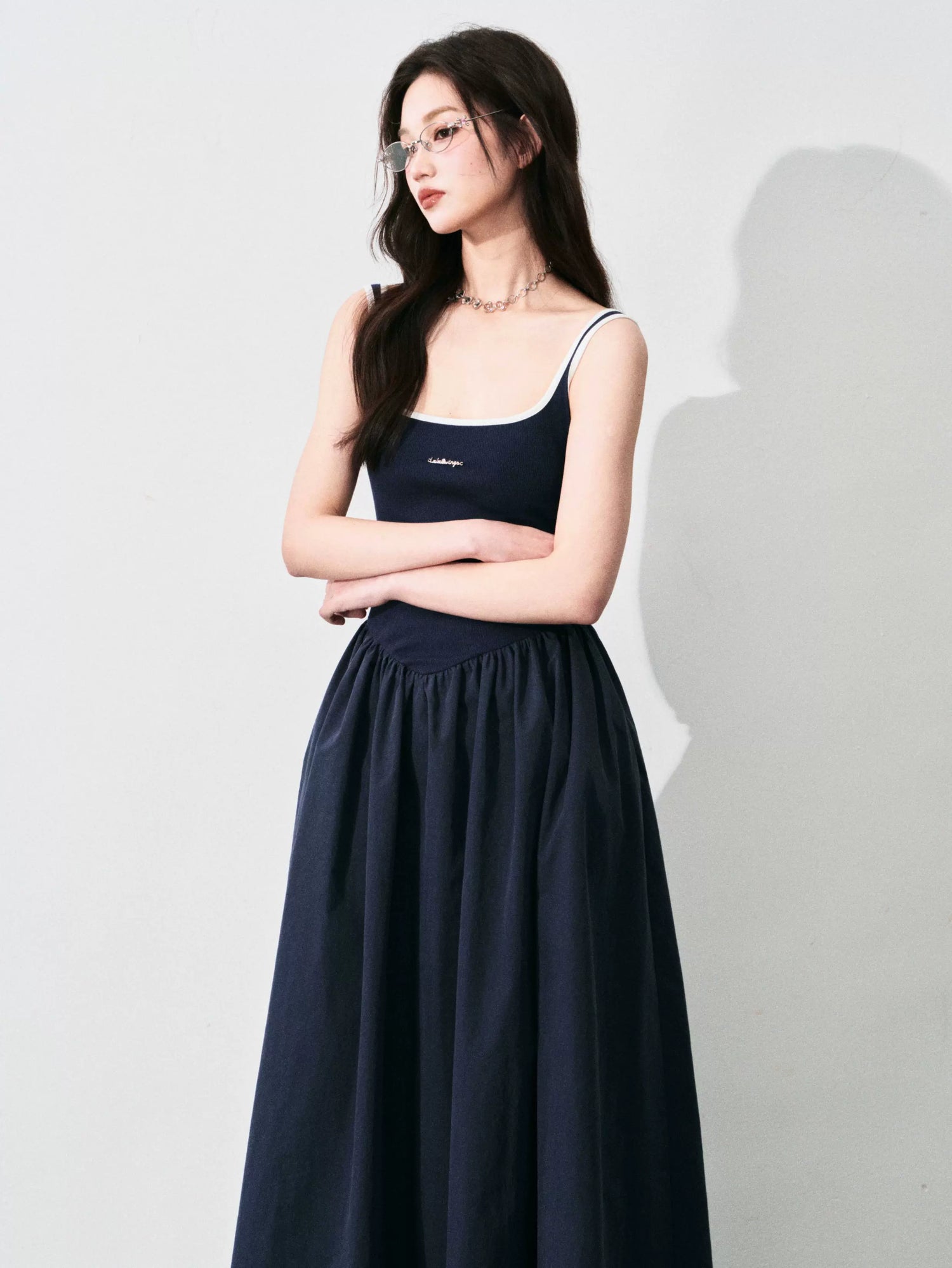 Contrast-Trim Backless Slip Maxi Dress