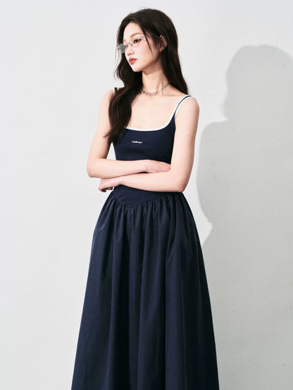 Contrast-Trim Backless Slip Maxi Dress