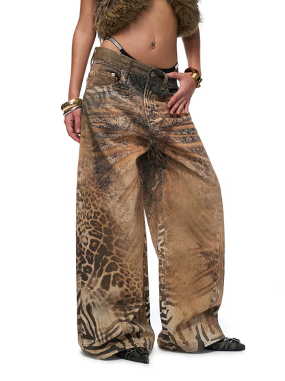 Washed Wide-Leg Printed Denim Pants