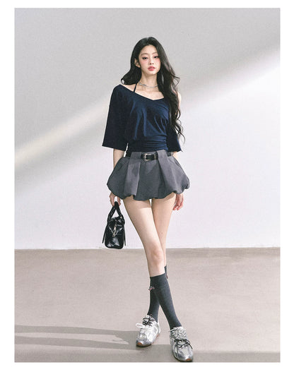 Asymmetric Short-Sleeve Halter Crop T-Shirt