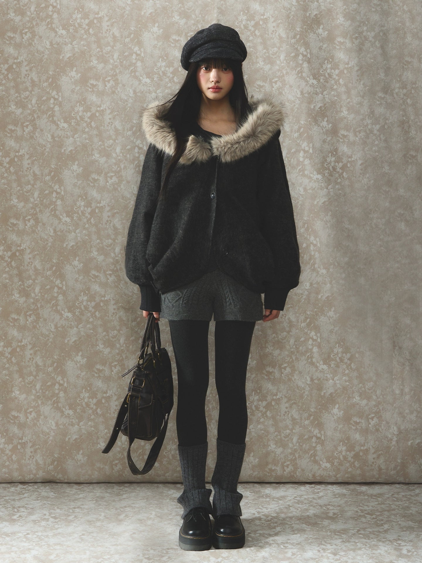 Fur Collar Wool-Blend Batwing Cape