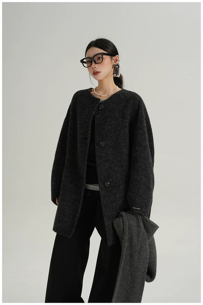 Knitted Hooded Scarf Mid-Length Wool Coat
