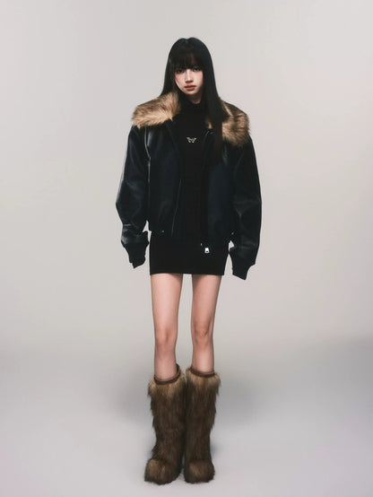 Faux Fur Collar Padded PU Biker Jacket