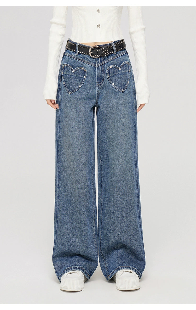 Heart-shaped Pocket Wide Leg Jeans - CHINASQUAD