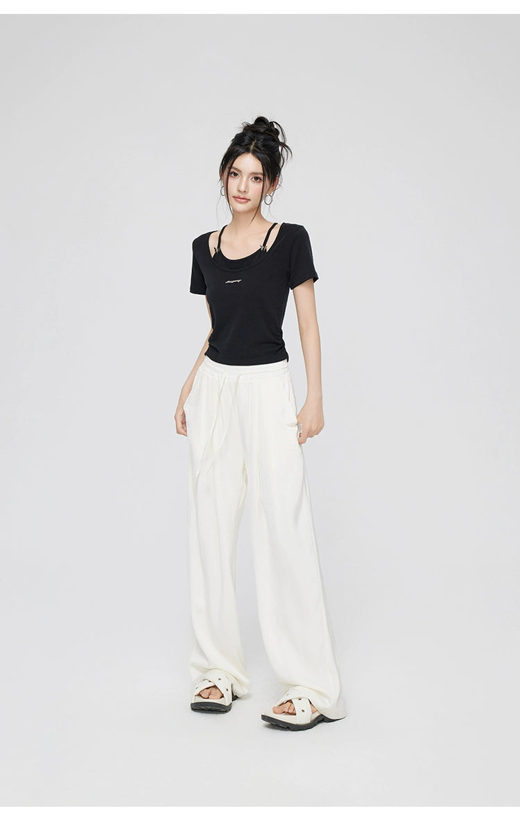 White &amp; Pink Ice Silk Drooping Wide-leg Pants - CHINASQUAD