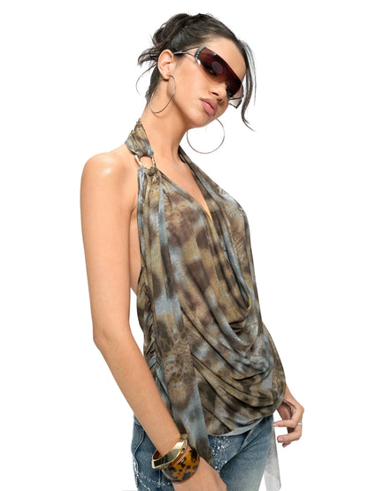 Leopard Drape-Front Backless Mesh Camisole