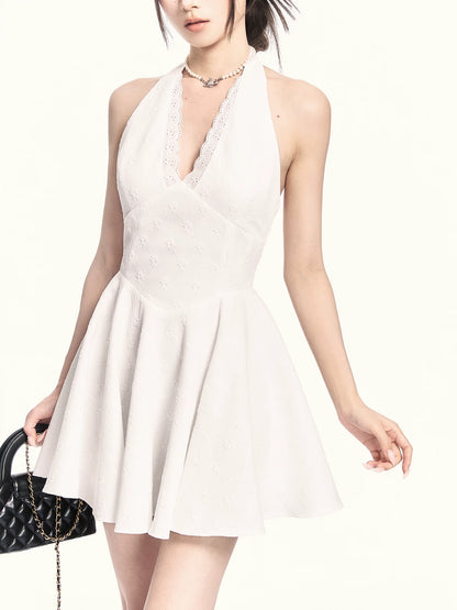 Romantic Rose Jacquard Halter Mini Dress